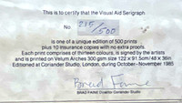 David Hockney, Bridget Riley, Joe Tilson, Howard Hodgkin, Peter Blake + 99 artists. Visual Aid for Band Aid - designed, and hand signed and annotated by 104 renowned artists, with official signed COA, 1985