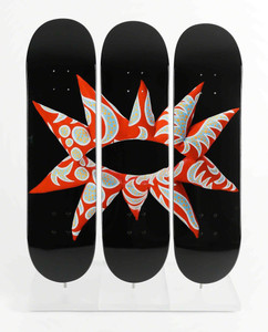 Yayoi Kusama, Set of three Limited Edition numbered silkscreen on maplewood skate deck, 2014 Yayoi Kusama, Set of three Limited Edition numbered silkscreen on maplewood skate deck, 2014