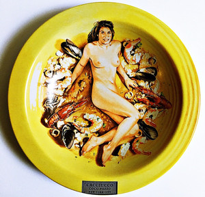 Mel Ramos Cacciucco - Coco Pazzo - New York, NY ca. 2000, Ceramic Plate. Artist Signature Fired into Plate. Mel Ramos Cacciucco - Coco Pazzo - New York, NY ca. 2000, Ceramic Plate. Artist Signature Fired into Plate.