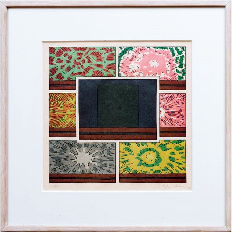  Peter Halley Cell with Explosions II 1993, Line Engraving on Wahon Creme Paper. Hand Signed. Numbered. Framed.