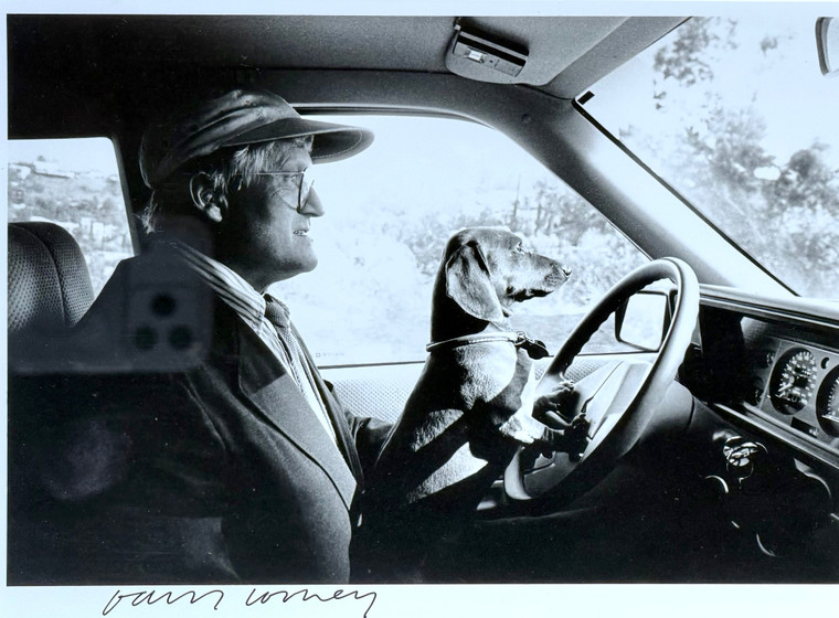 David Hockney and Stanley Driving, Hollywood Hills (Hand Signed by David Hockney), 1990