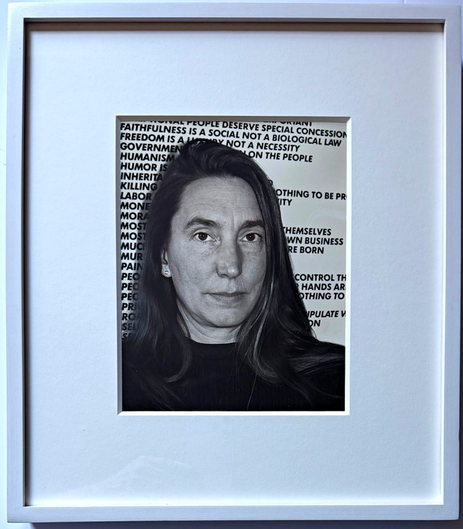 Photographic portrait of Jenny Holzer by Jim Arkatov, founder of LA Chamber orchestra (Hand signed by Arkatov), framed alongside an original letter from Holzer (HAND SIGNED by Jenny Holzer)