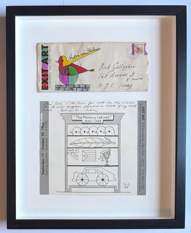 Anton Van Dalen - Signed watercolor bird drawing on Exit Art envelope with signed and inscribed invitation to "The Memory Cabinet" - for Rick Gallagher, 1990