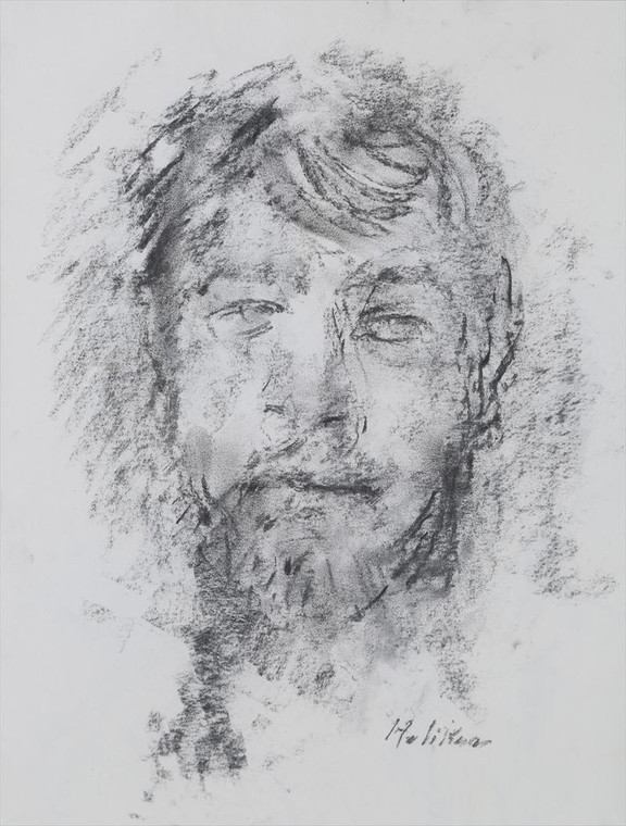 John Heliker, Self Portrait, drawing on paper, framed with Kraushaar Gallery Label verso