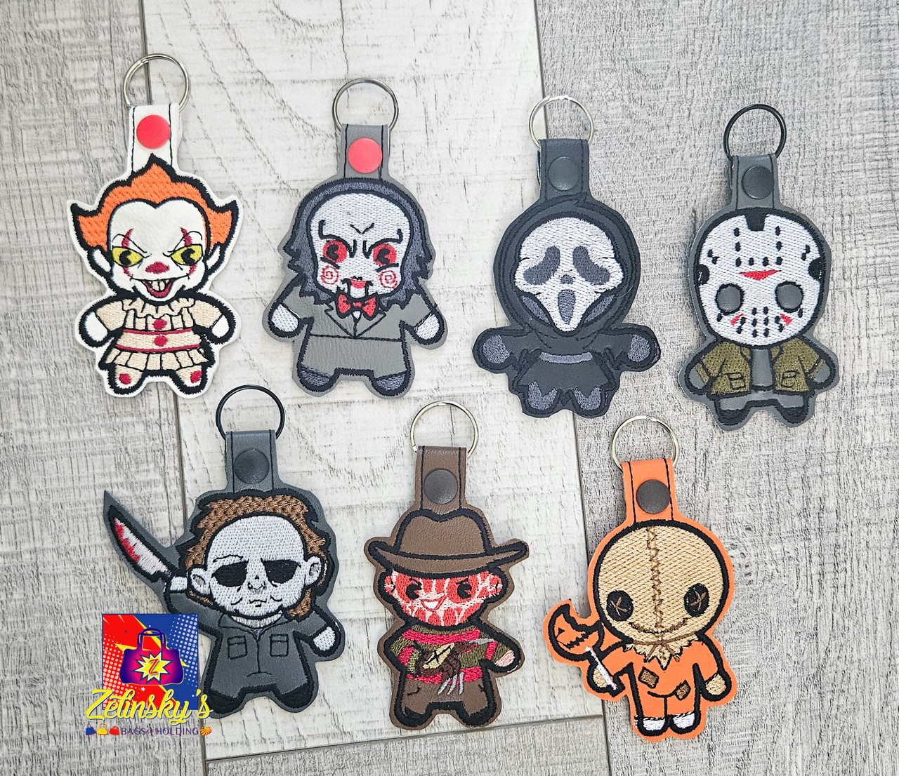 Chibi Horror Killers Embroidered Snap tab Keychains