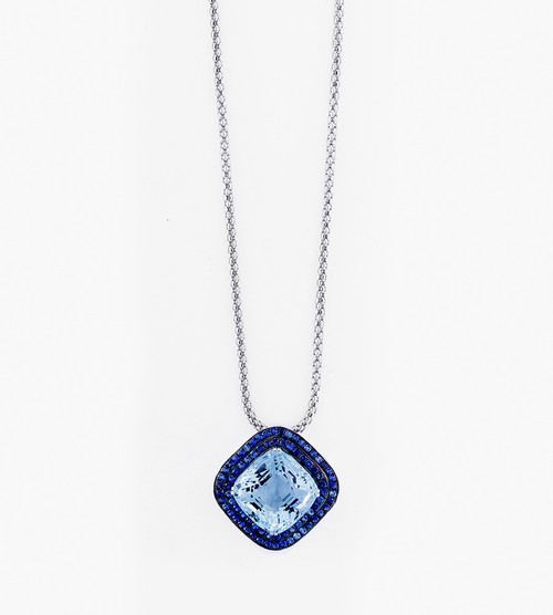 blue square diamond Necklace with silver chain