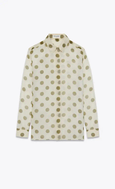 SS24 Saint Laurent Shirt In Dotted Silk Muslin in White/Green