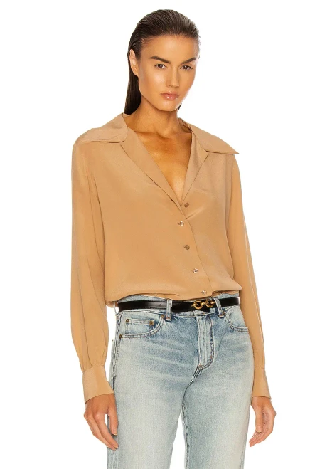 Saint Laurent Open Collar Blouse In Silk Crepe de Chine