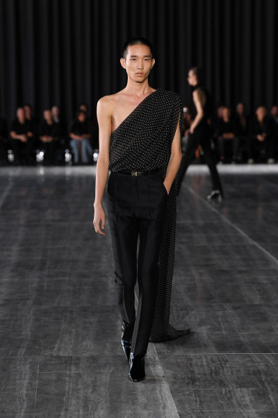 SS24 Saint Laurent Draped one-shoulder top in dotted silk muslin