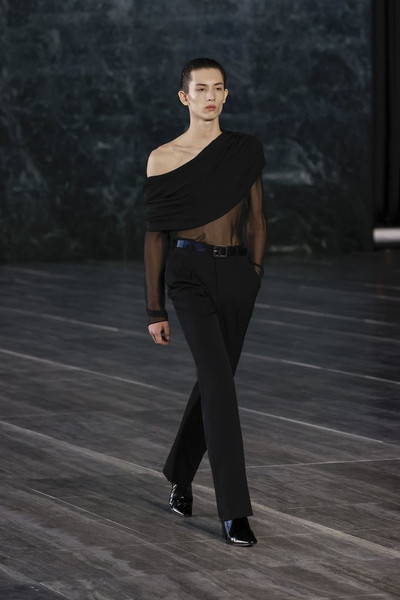 SS24 Saint Laurent Draped One-Shoulder Blouse in Silk Muslin