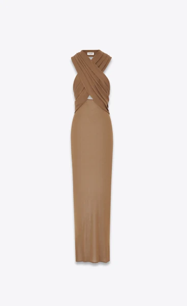 SS23 Saint Laurent Knitted Hooded Maxi Dress in Brown