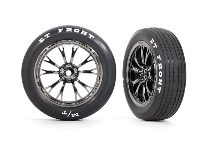 Traxxas Front Weld Black Chrome Wheels Assembled on MT Tires for Drag Slash, 9474X