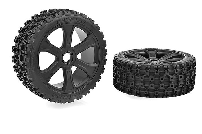 Team Corally Rebel XMS Low-Profile Off-Road Tires on Black Rims for Asuga XLR, C-00180-856