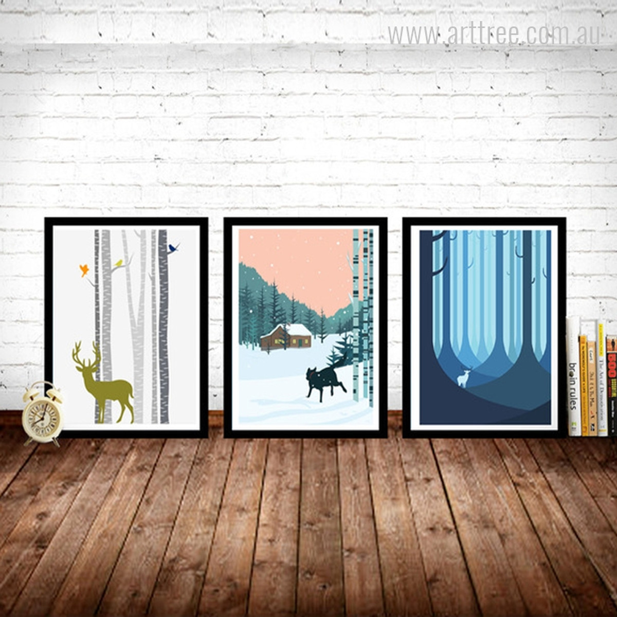 Birch Trees Deer Animal, Blue Forest and Running Dog in Snowfall