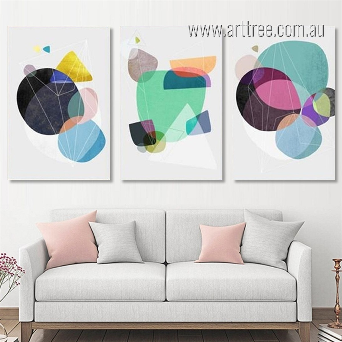 Nordic Geometric Shapes Abstract Colorful Painting Photo Framed Stretched 3 Panel Canvas Prints For Wall Ornamentation