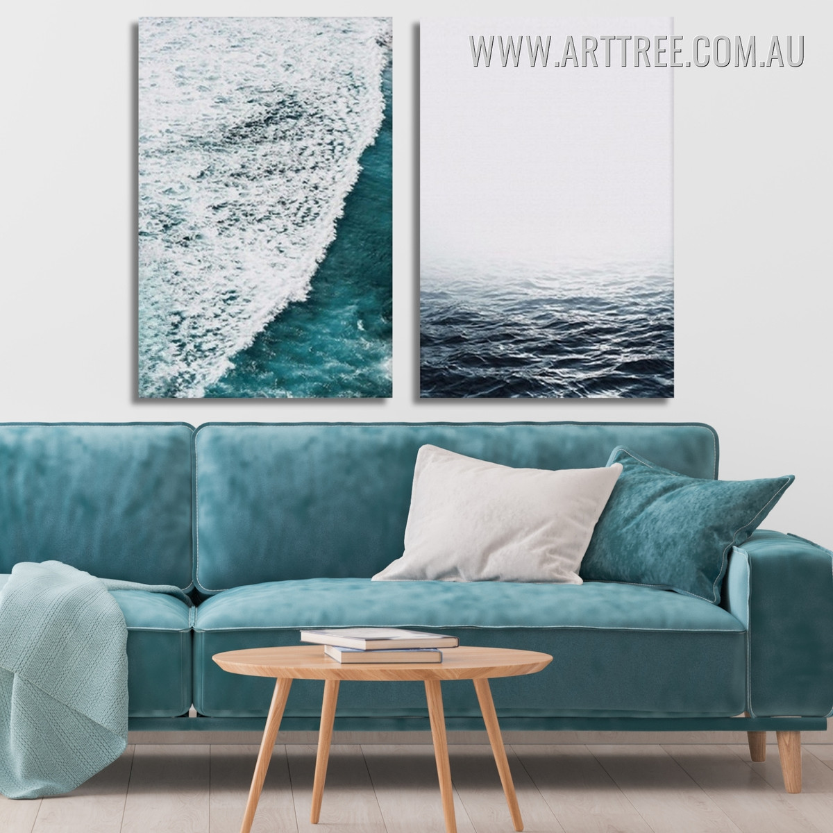 Seascape Ocean Waves Vintage Framed Artwork Image 2 Piece Wall Decor Set Canvas Prints For Living Room Design
