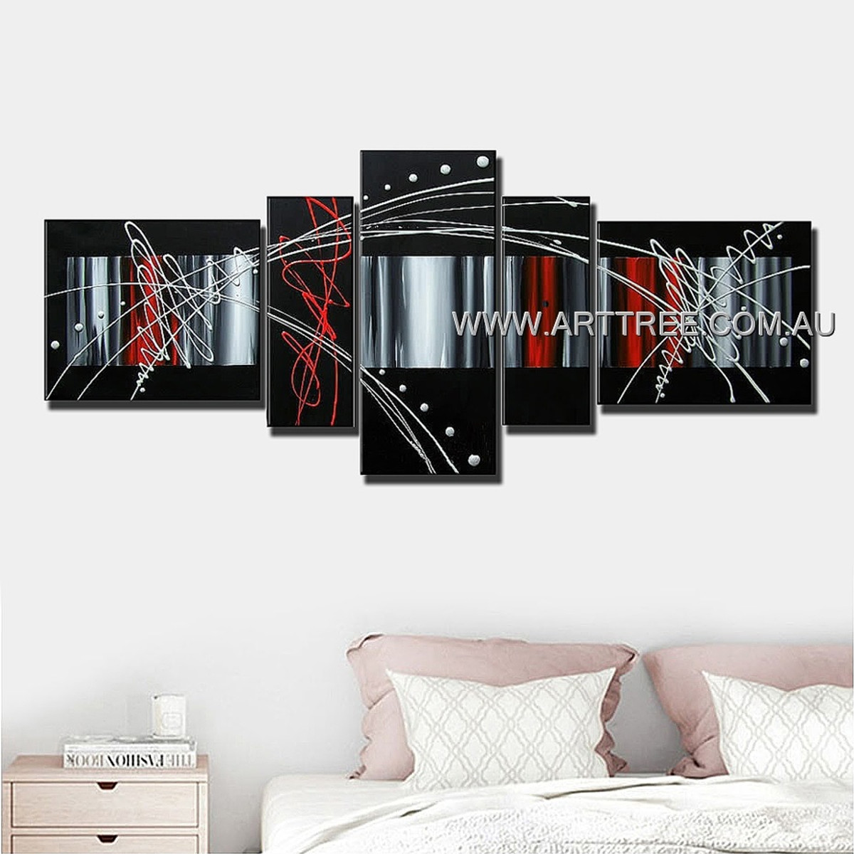 Black White Red Grey Blend Abstract Modern 5 Piece Multi Panel Canvas Oil Painting Wall Art Set For Room Wall Ornament
