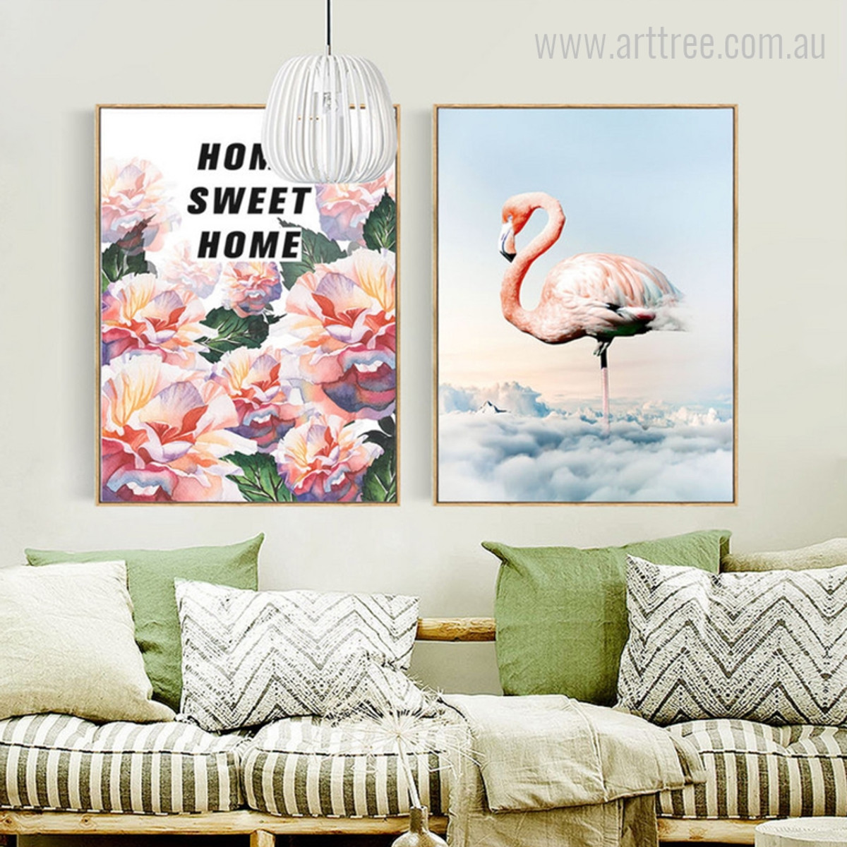 Home Sweet Home Floral Quote, Flamingo Bird Wall Art