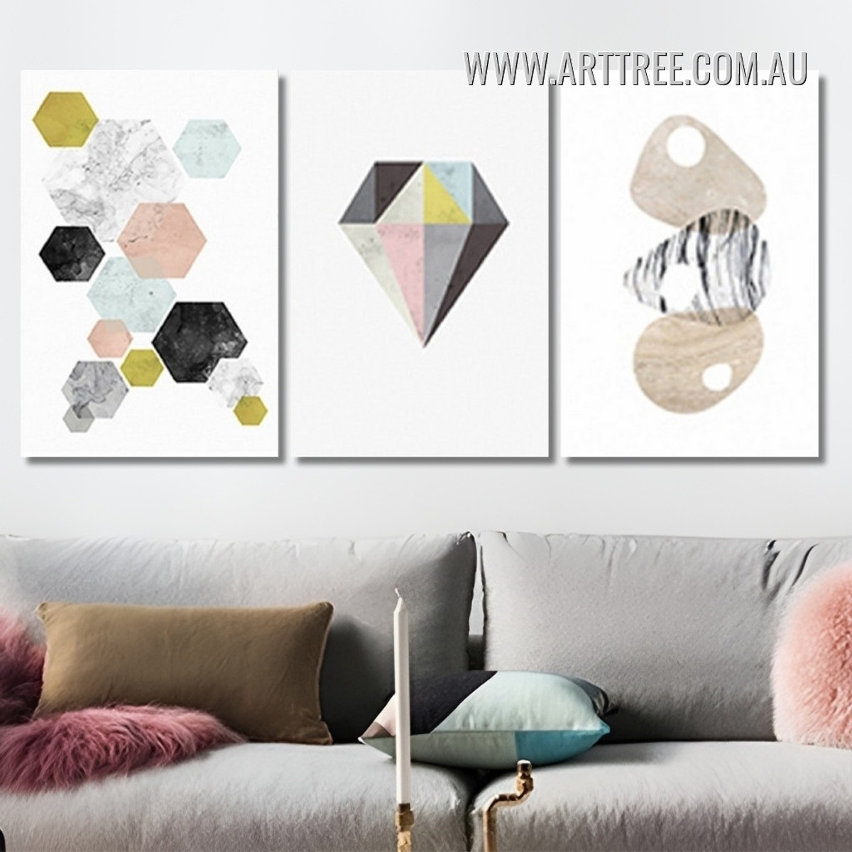 Geometric Hexagons Diamond Shapes Abstract Nordic Painting Photo 3 Piece Framed Canvas Wall Art Print Set Australia For Home Interior Design
