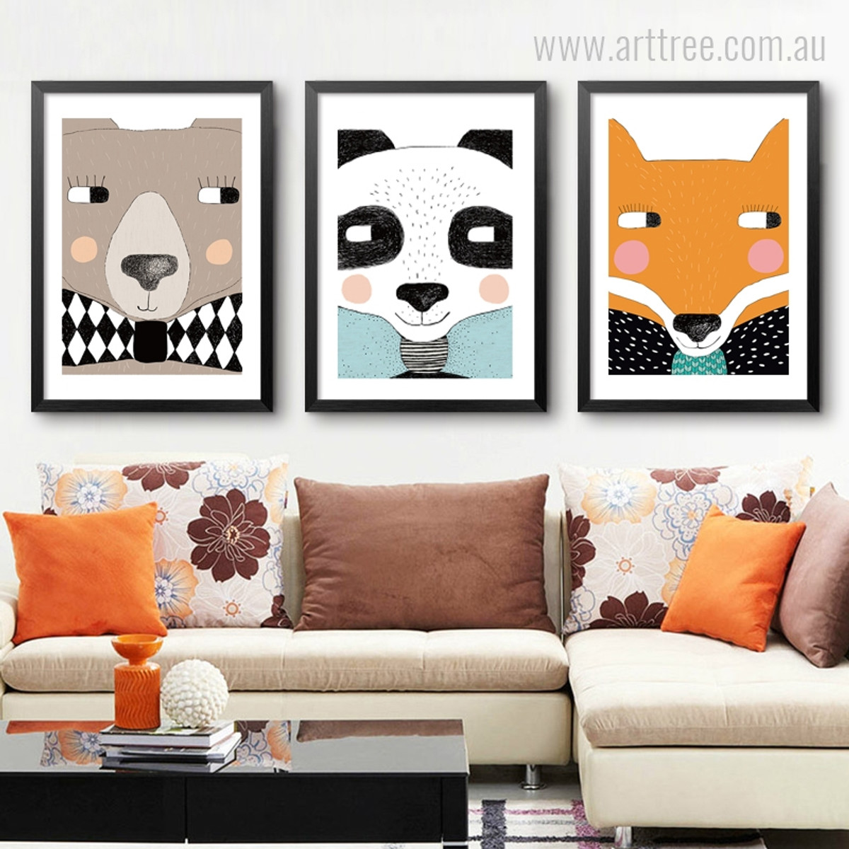 Kawaii Bear, Panda, Fox Cartoon Animals Kids Wall Art
