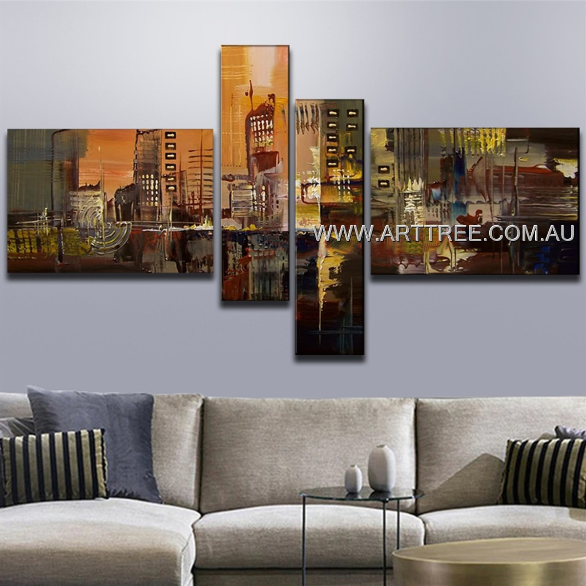 Heavy Textured City Abstract Handmade 4 Piece Multi Panel Painting For Room Flourish