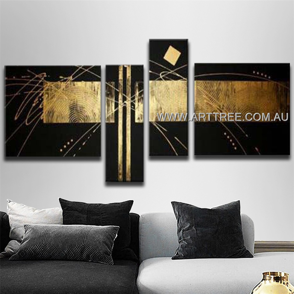 Black & Golden Stripe Abstract Handmade 4 Piece Split Canvas Art For Room Getup