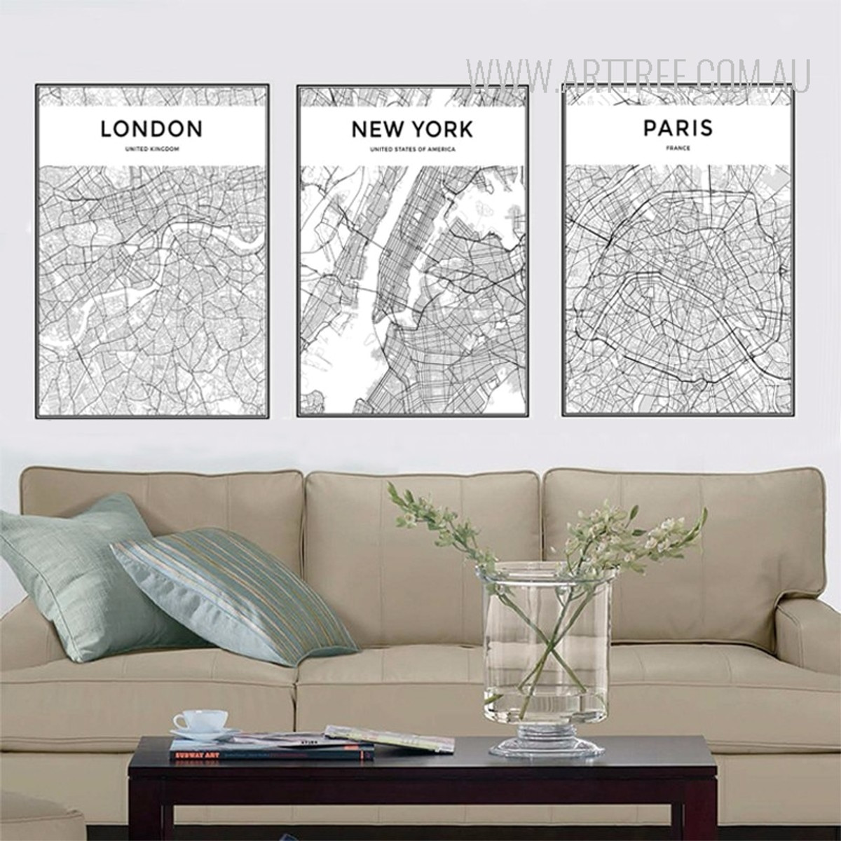 London New York Paris City Map Art Set