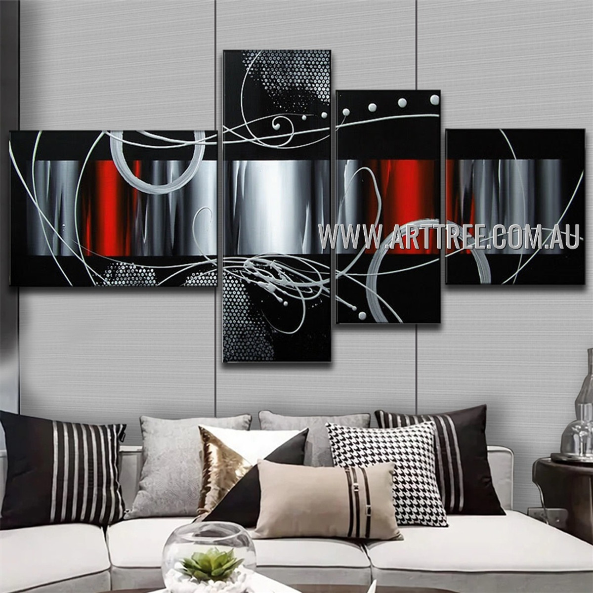 Grey Semicircle Design Abstract Handmade 4 Piece Split Panel Painting For Room Finery