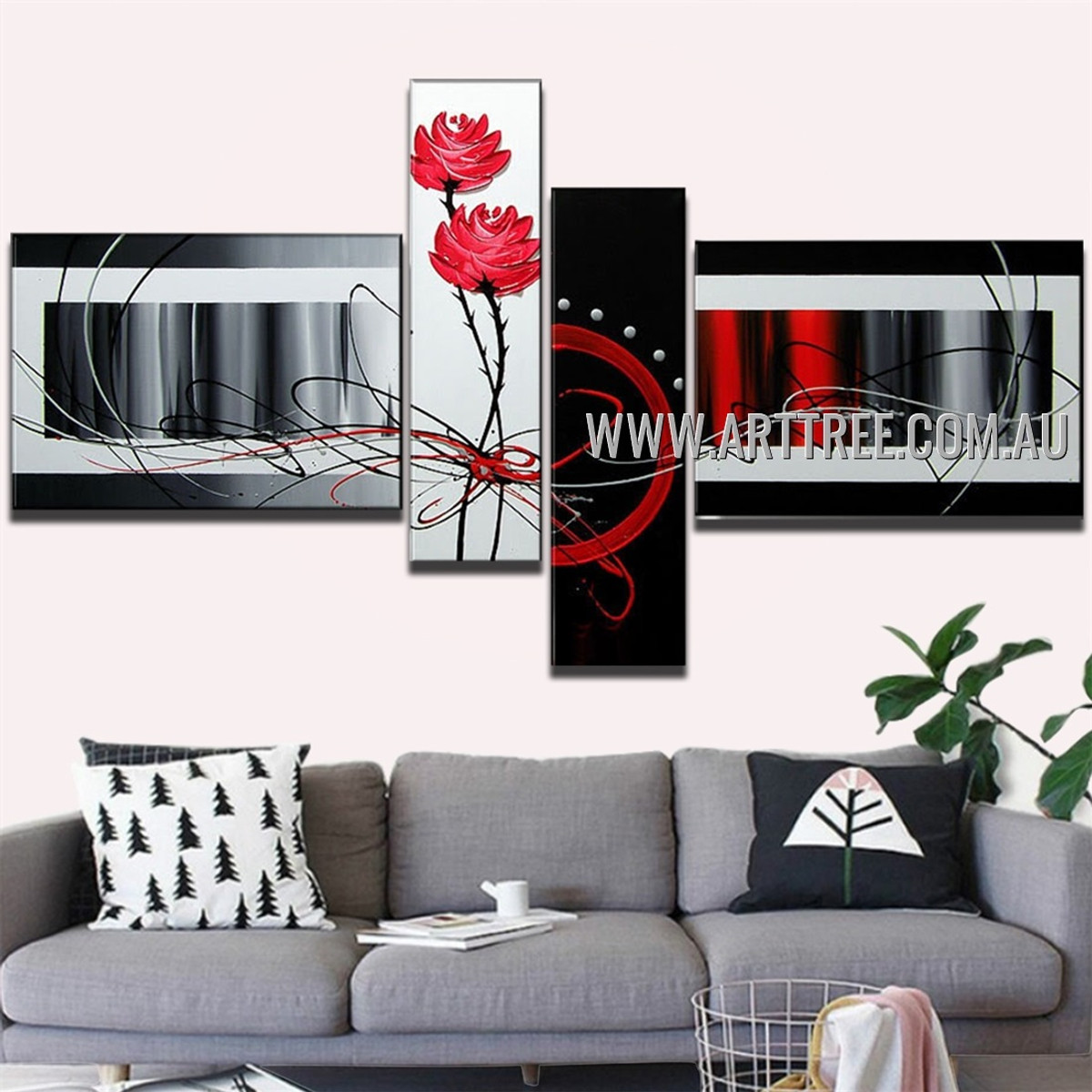 Red Rose & Streaks Abstract Handmade 4 Piece Multi Panel Painting For Room Drape