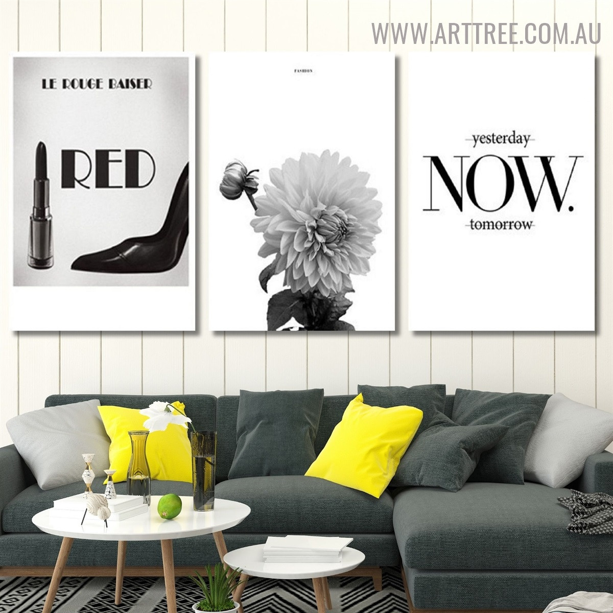 Yesterday Now Tomorrow Typography Floral Vintage Painting Image Framed 3 Piece Canvas Prints For Home Interior Decoration