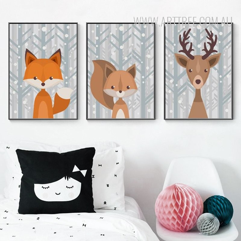 Woodland, Fox, Deer Set Of 3 Piece Framed Wall Art Canvas Prints ...