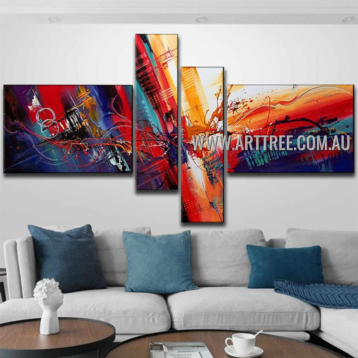 Lovely Heavy Texture Abstract Handmade 4 Piece Split Oil Painting For Room Molding