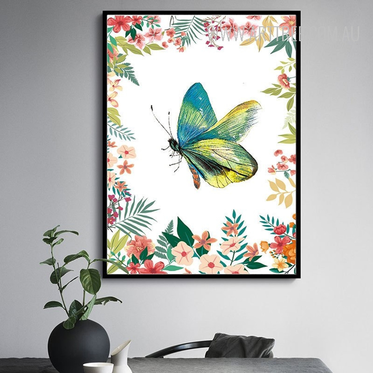 Beautiful Blue Green Butterfly Leaves and Flowers Wall Art Beautiful Blue Green Butterfly Leaves and Flowers Wall Art