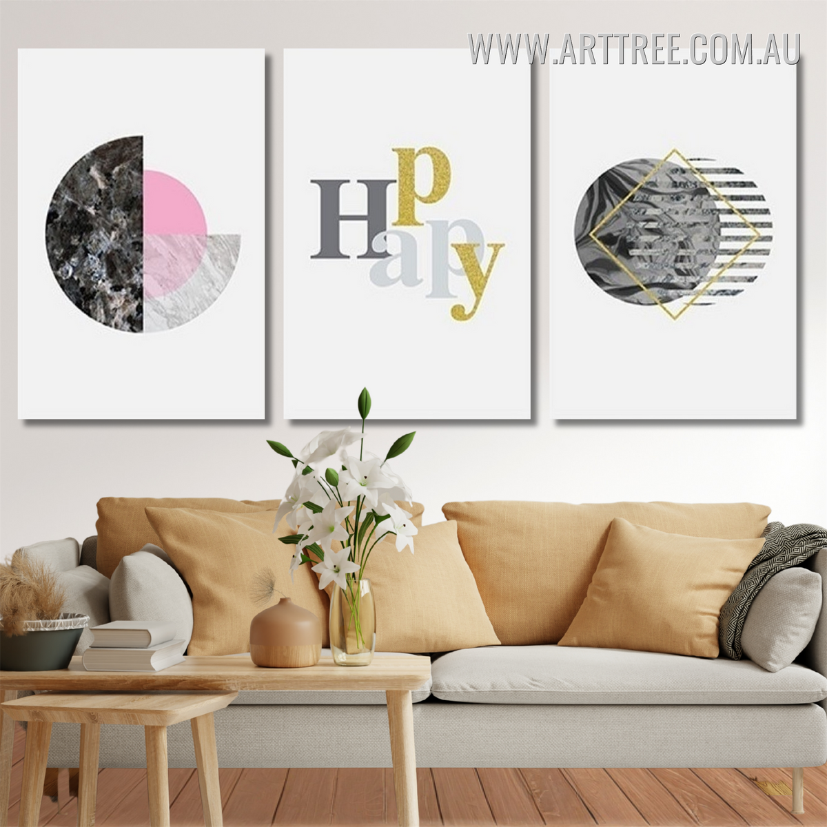 Geometric Pattern Circles Happy Abstract Artwork Photo 3 Piece Framed Canvas Wall Art Print Set Australia For Living Room Design