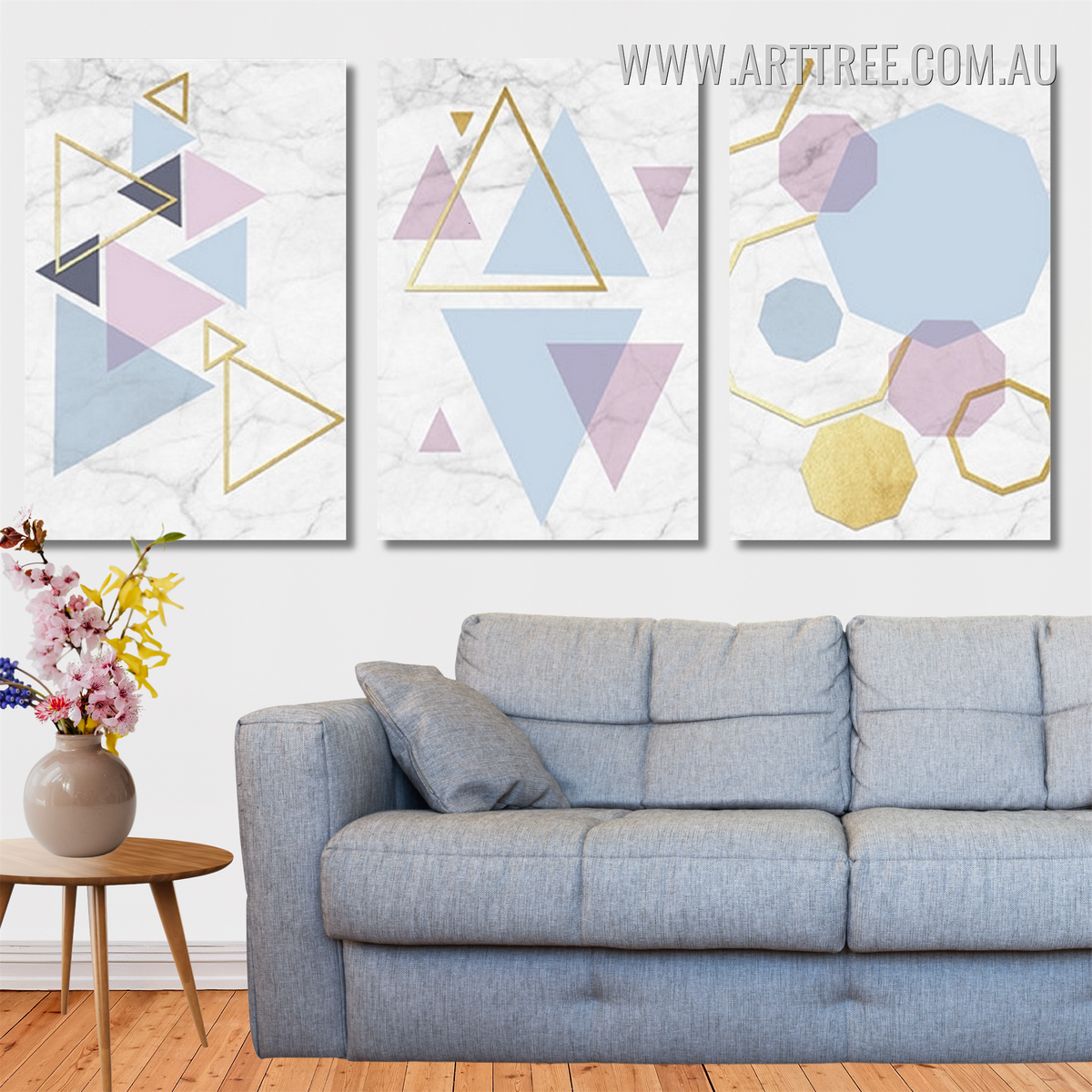 Colorful Triangles Hexagons Abstract Geometric Artwork Photo 3 Piece Framed Canvas Wall Art Prints For Perfect Room Decor