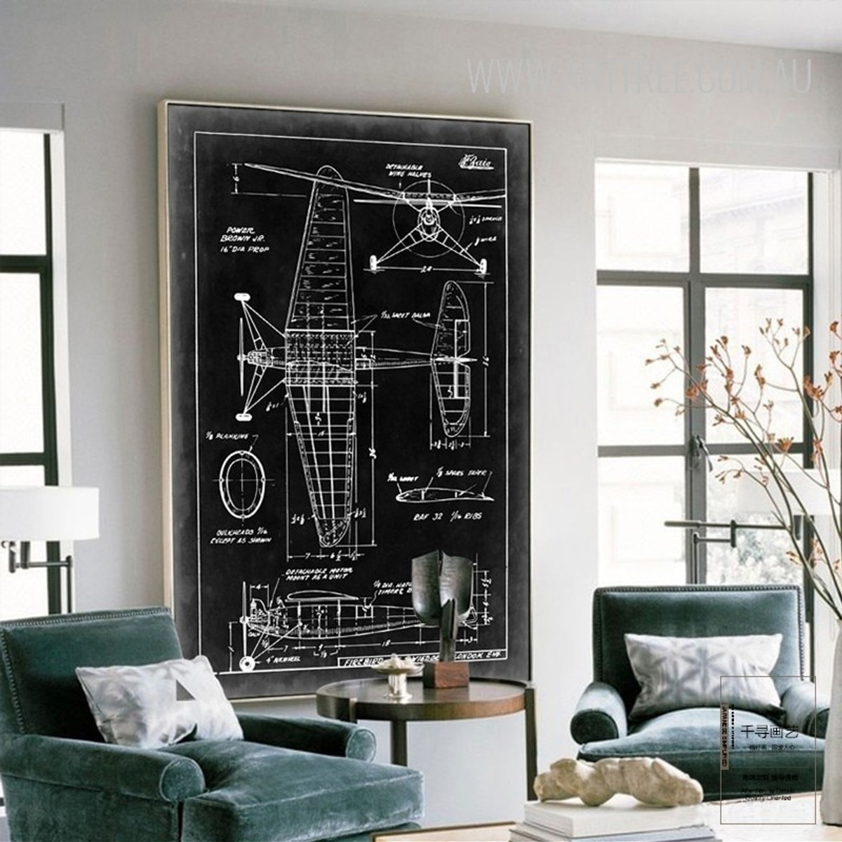 Vintage Black and White Fighter Plane Diagram Canvas Print