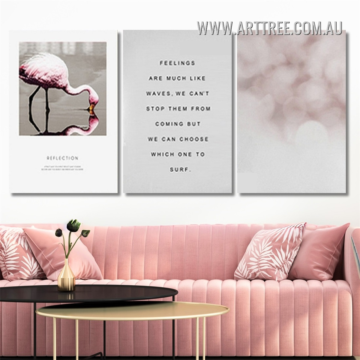 Reflection Pink Flamingo Bird Feelings Words Vintage Artwork Photo 3 Piece Framed Wall Art Canvas Prints Set For Home Decor Ideas