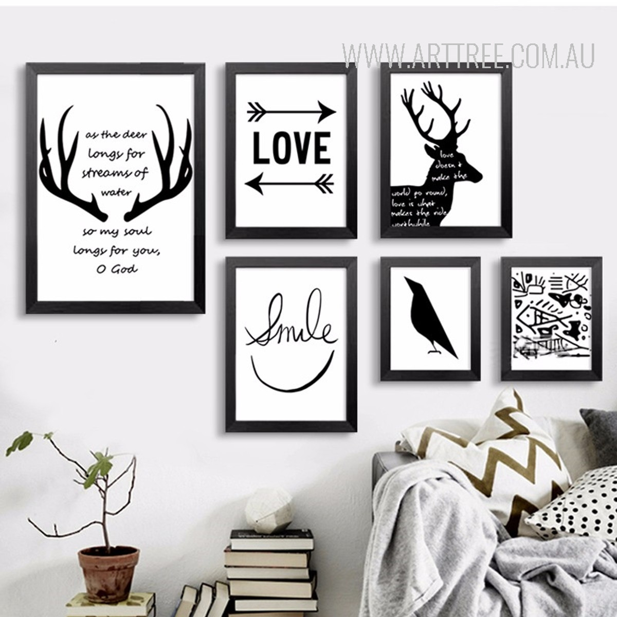 Black and White Love Arrows Smile Crow Deer Antlers Canvas Prints