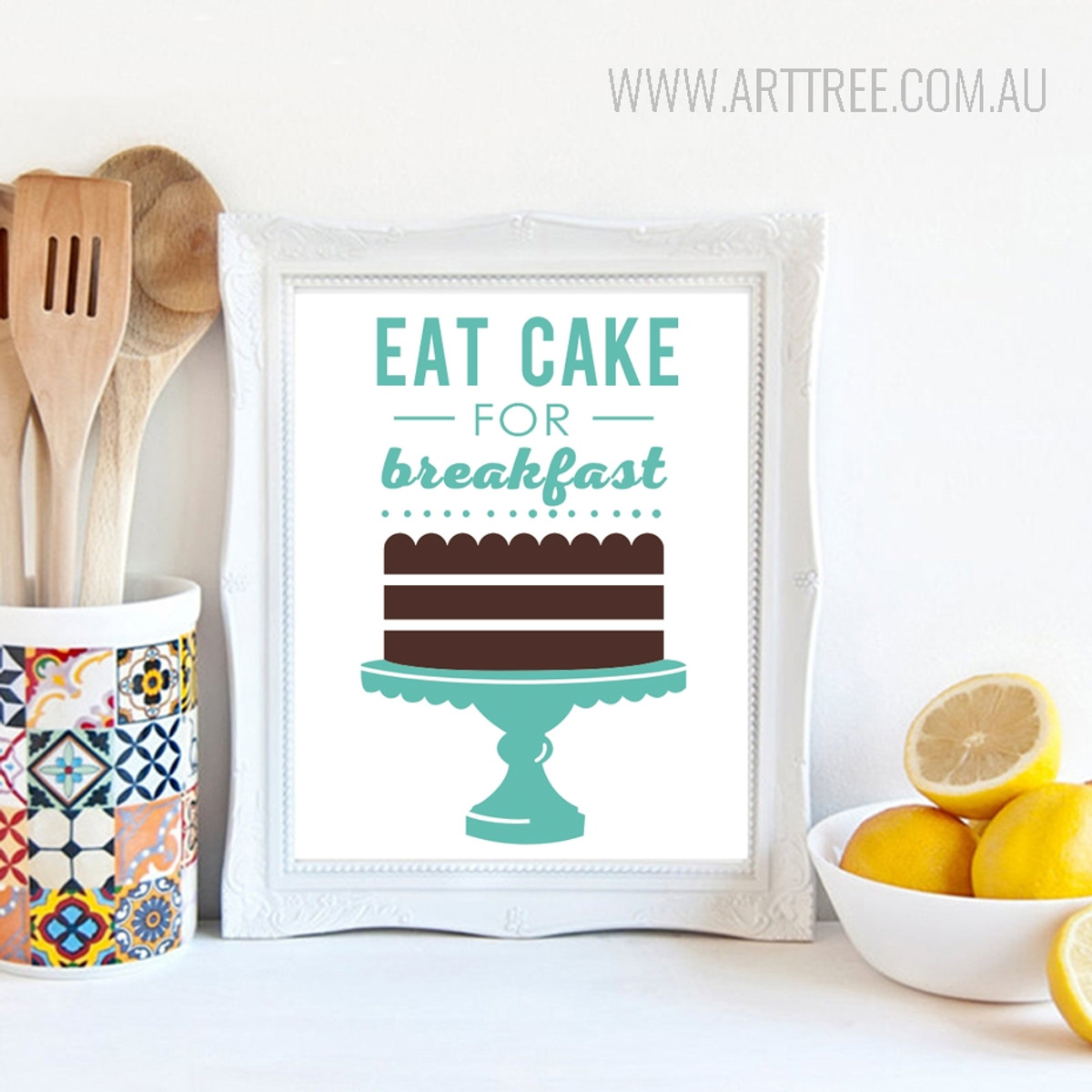 Green Eat Cake for Breakfast Words Design Canvas Print