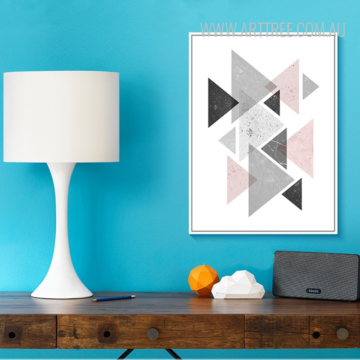 Creative Pink Grey Abstract Geometric Triangles Nordic Canvas Wall Art