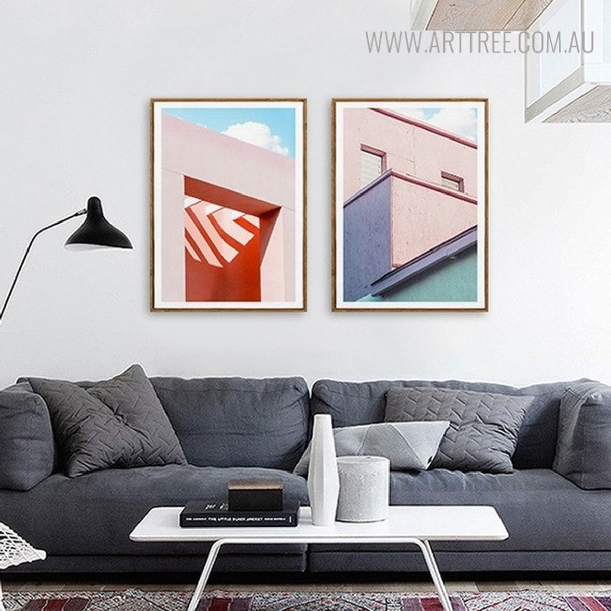 Pink Rooftop Cityscape Modern Painting Canvas Print for Lounge Room Decor
