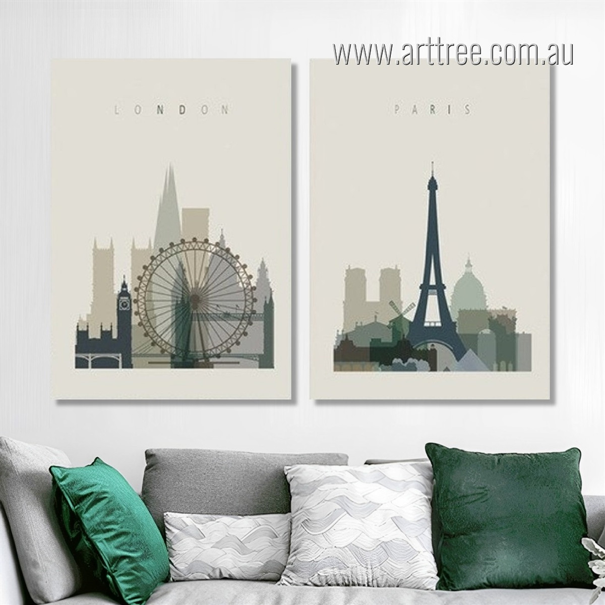 Paris London Cityscape Painting Photo Stretched Framed 2 Piece Abstract Wall Art Canvas Prints For Room Decor