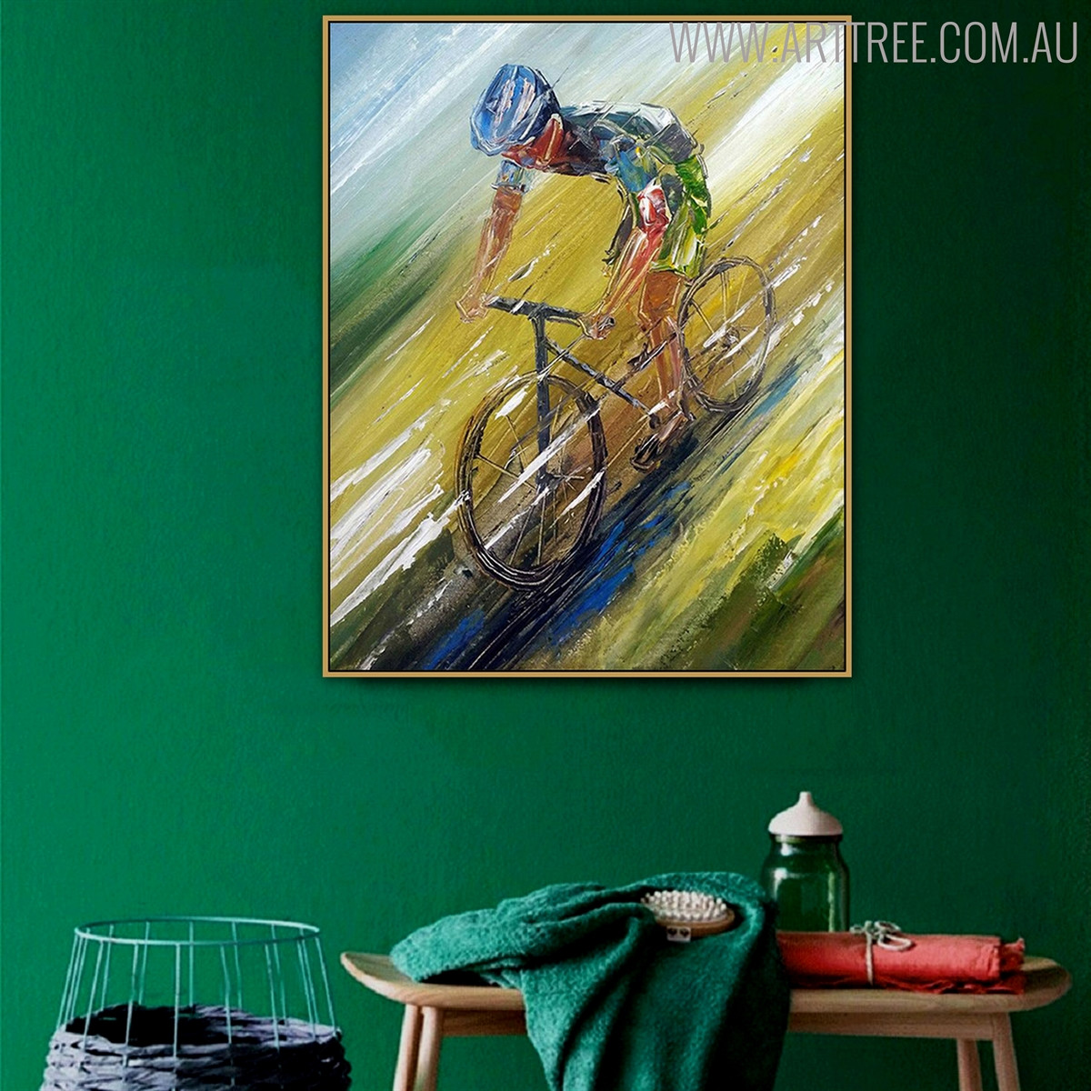 Cycling Modern Framed Figure Heavy Texture Handmade Oil Resemblance on Canvas for Lounge Room Wall Ornament