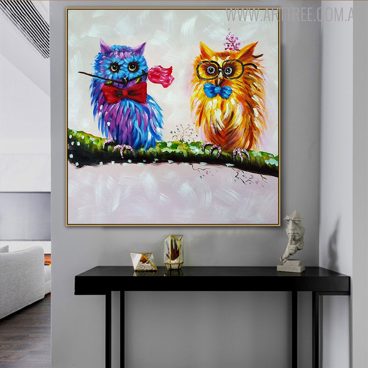 Two Owls Birds Animal Modern Handpainted Canvas for Interior Decoration