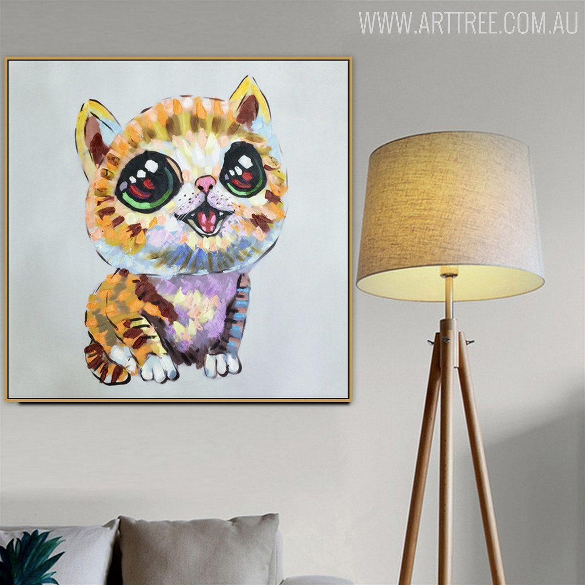Kitty Modern Texture Handmade Animal Painting for Wall Hanging Decor