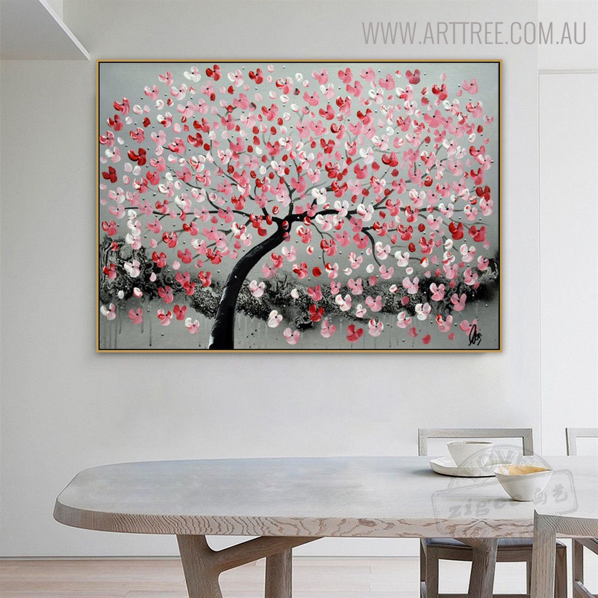 Red Flower Arbor Floral Modern Heavy Texture Knife Portraiture for Dining Room Wall Drape