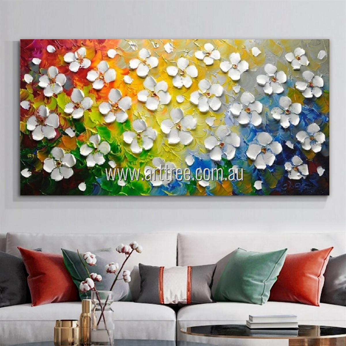 Catharanthus Roseus Floral Palette Knife Art Framed Stretched Heavy Texture Artist Handmade Canvas Acrylic Painting For Interior Decoration