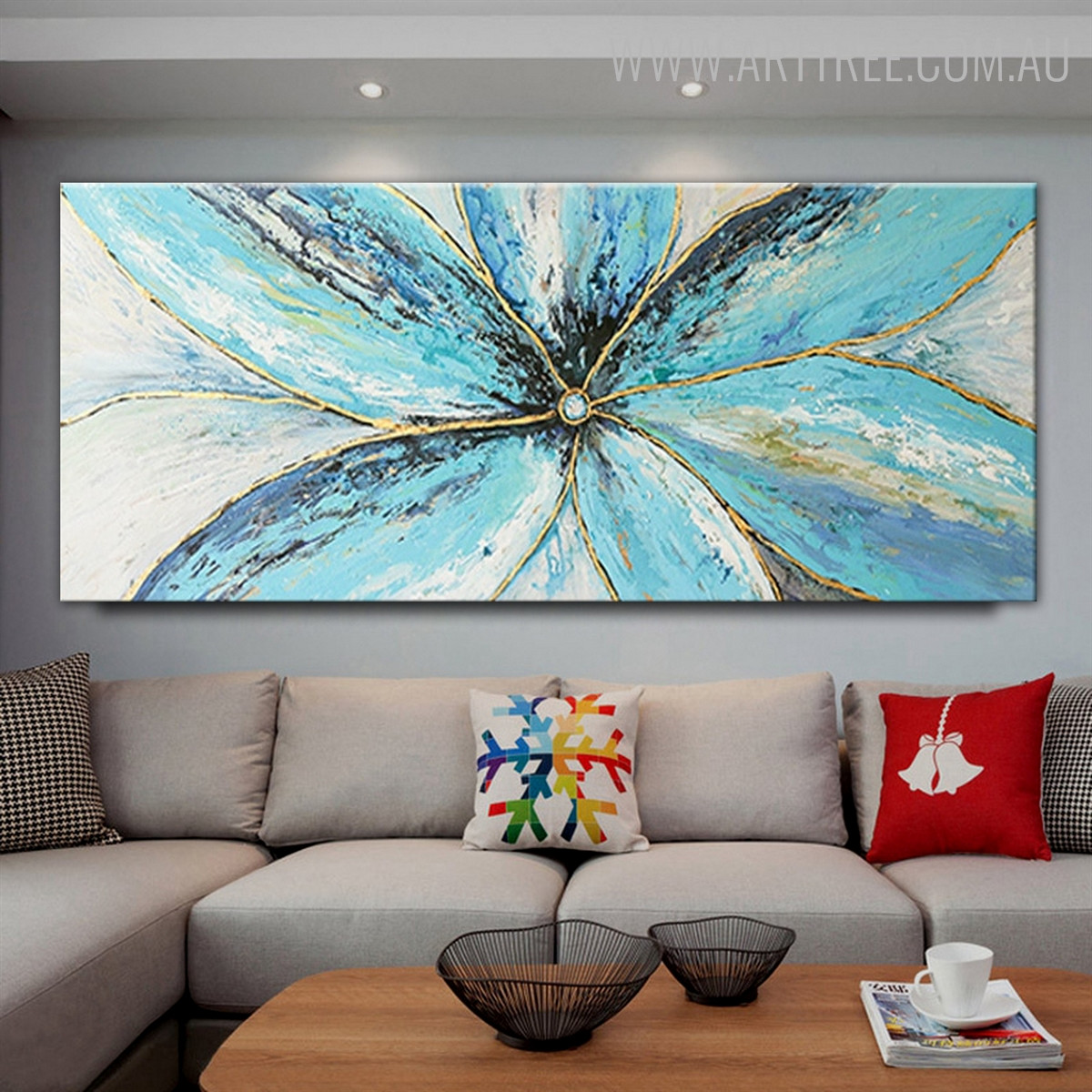 Blue Petals Abstract Contemporary Oil Smudge on Canvas for Floral Decoration on Wall