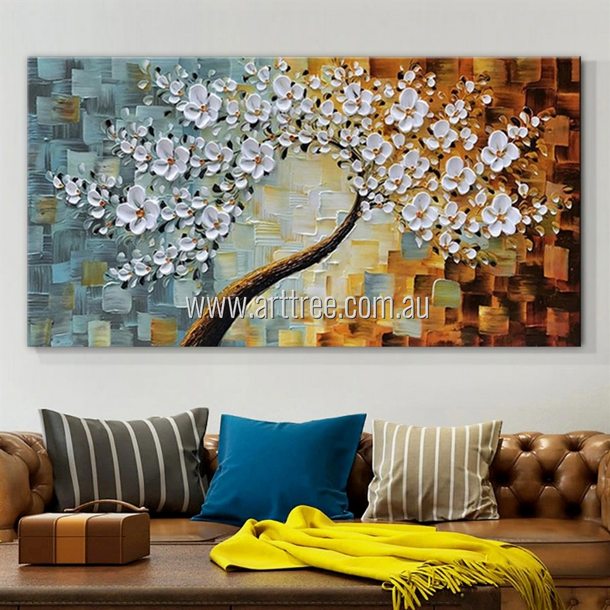 White Blossom Floral Abstract Framed Artist Handmade Heavy Texture Palette Knife Acrylic Painting For House Decoration