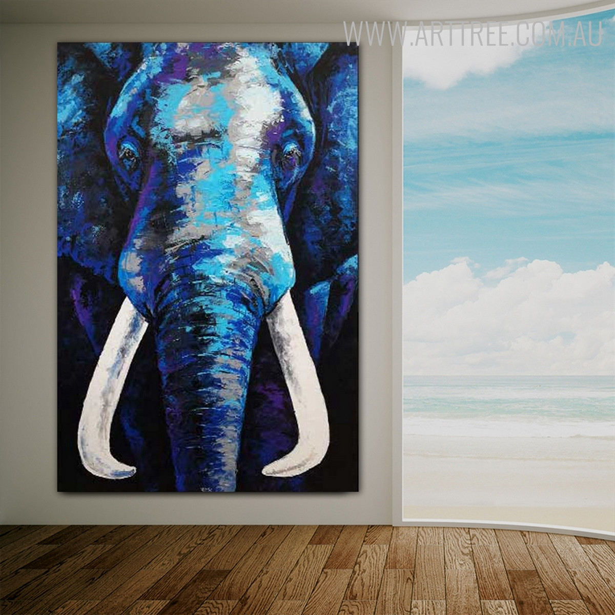 Blue Elephant Abstract Animal Framed Handmade Oil Vignette for Room Wall Adornment